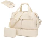 Travel Duffel Bag 32L Water-Resistant Gym Tote Bag with Shoes Compartment Cosmetic Bag Detachable Shoulder Strap Lightweight Holdall Luggage Bag Weekend Bag with Trolley Sleeve, Beige, Travel