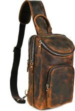 Thick Crazy horse Leather Triangle Crossbody Sling Chest Bag Travel One Shoulder Bag Daypack For Men Male