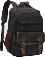 Canvas Laptop Backpack with USB Charging Port, Vintage Daypack for Men Women, Black Travel Work Rucksack  Computer Bag Bookbag Fits 15.6 Inch Lapop, Black
